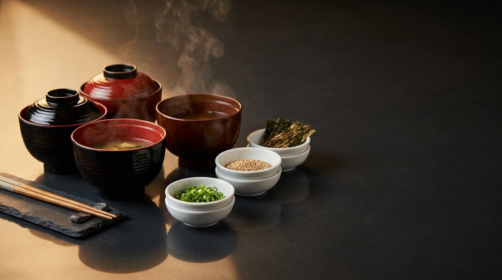 Japanese lacquer soup bowls and small white prep bowls arranged on a dark table