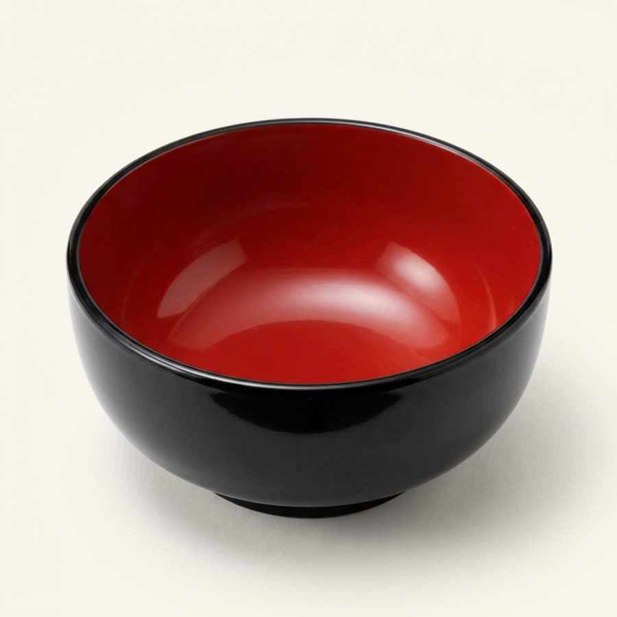 A single bowl from above, showing the bright red lacquered inside