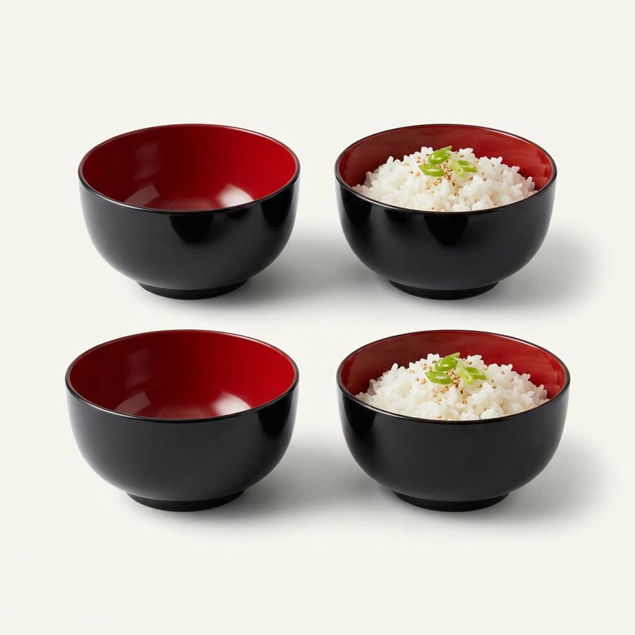 Japanese bowls with glossy black outsides and red insides